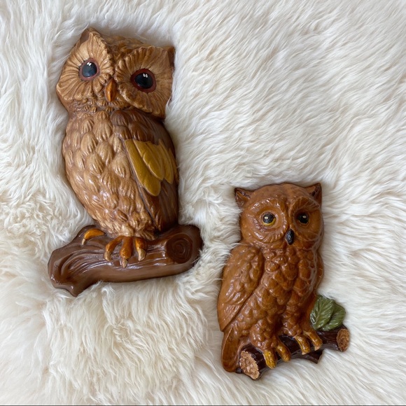 Vintage Retro Owl Chalkware Wall Decor Set Boho